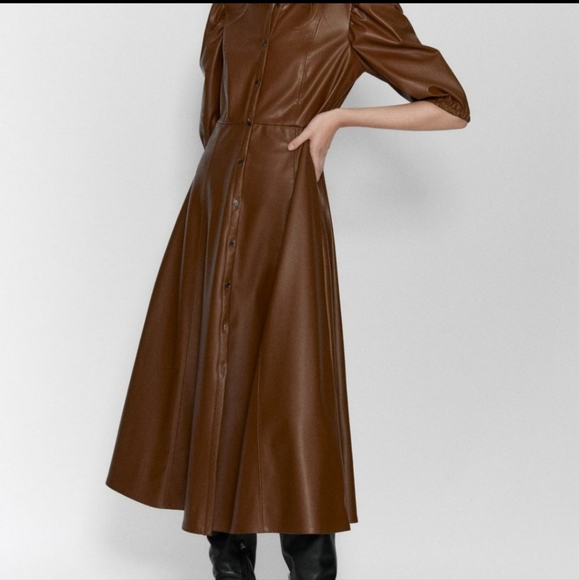 Zara faux brown leather midi shirt dress with balloon sleeves.